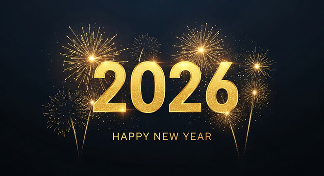 Golden 2026 numbers illuminated by bright fireworks against a dark night sky
