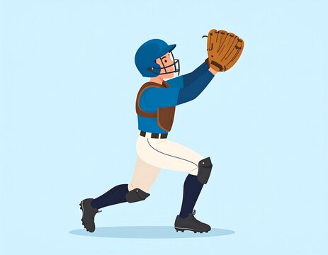 Baseball catcher crouched, glove raised to catch a ball against a light blue backdrop
