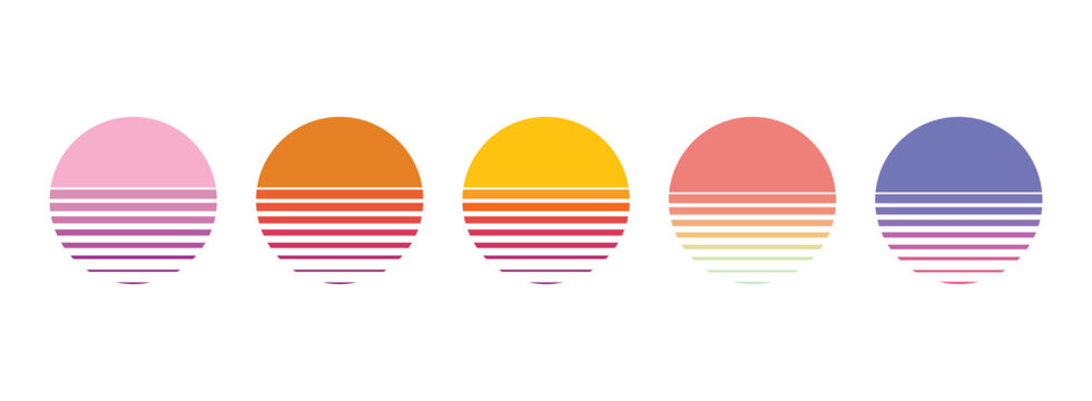 Retro sunset sun and water silhouette. Bright vintage 90s style summer logo or icon isolated on white background. 