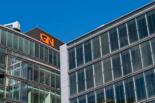 Warsaw, Poland - August 17, 2025: GN logo on the top of a modern office building