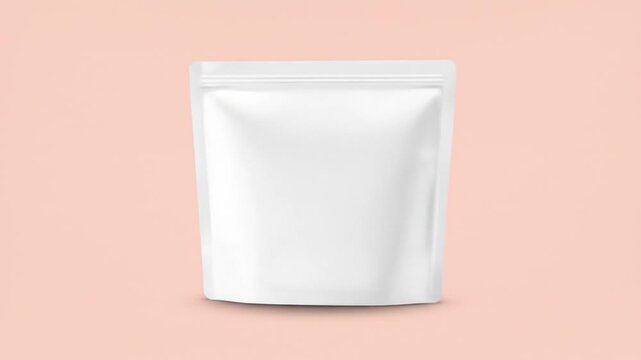A plain white stand-up pouch is displayed against a soft peach background