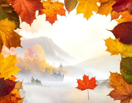 Autumnal frame of colorful leaves bordering a misty landscape of mountains and lake