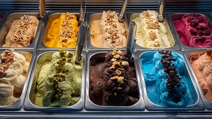 Assortment of gourmet gelato flavors in metal containers with toppings at an ice cream shop
