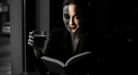Businesswoman reading a book with coffee, dramatically lit by a window.