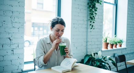 Woman enjoys healthy green drink while reading a book in a modern cafe.