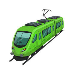 Eco-friendly green train in flat illustration style, copy space, isolated on white, transparent background. Ecology infographic