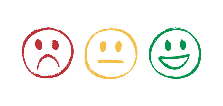 mood set doodle hand drawn faces icon collection. Sad, indifferent and happy emotions. Good, regular and bad rating