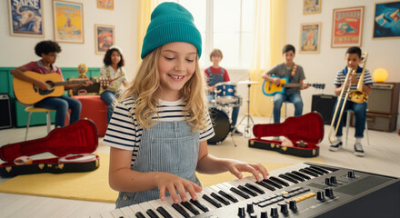 Smiling girl plays keyboard leading a diverse children's band rehearsal