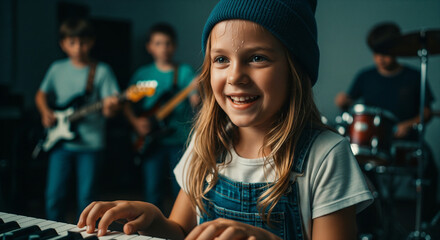 Smiling young girl playing keyboard happily with friends in a vibrant music class