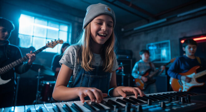 Cheerful young girl playing keyboard with her band practicing in a vibrant studio. - Powered by Adobe