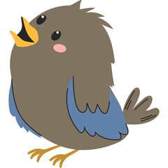 Cute cartoon brown bird with blue wings singing with open beak and pink cheeks on transparent background