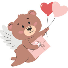 Obraz premium Cute brown teddy bear cupid with white wings holding pink gift box and red pink balloons in the air with transparent background