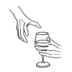 Sketch of a human hand reaching down toward a glass held out by another person - hand drawn doodle in a realistic style