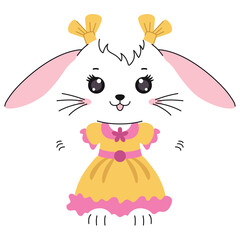 Cute cartoon bunny rabbit character wearing a yellow dress with pink trim and yellow bows in its hair against a transparent background ideal for children's themes and illustrations