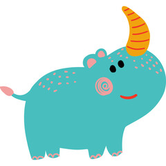 Cute Blue Cartoon Hippo With Orange Horn and Pink Spots Standing With Tail Out On Transparent Background