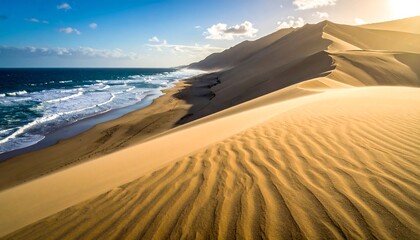 Majestic golden dunes meet the vast ocean along a wild coastal desert, where sunlit sand ripples greet powerful waves under an expansive sky