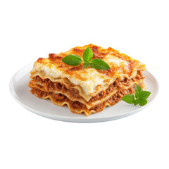 Lasagna portion cheese, meat, tomato sauce, basil garnish