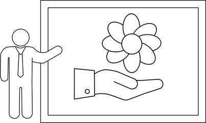 A presentation with a person gesturing towards a drawing of a hand offering a flower
