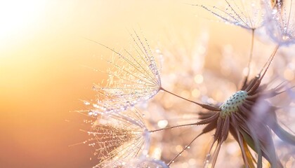 Dandelion Seeds with Water Droplets at Sunrise A Macro View