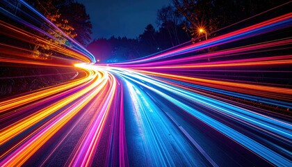 Abstract Blur of Light Trails on a Dark Road at Night Capturing Fast Movement and Energy