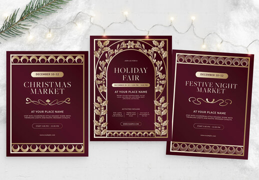 Elegant Christmas Flyer Template in Red & Gold Hues, Classic Traditional Festive Border Frame Vector
