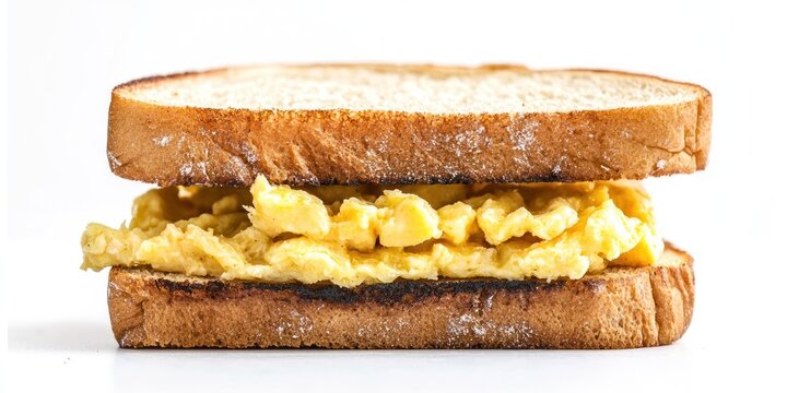 A close-up shot of a sandwich with scrambled eggs between two slices of toasted bread. The eggs are fluffy and yellow, and the bread has a golden-brown crust. - Powered by Adobe