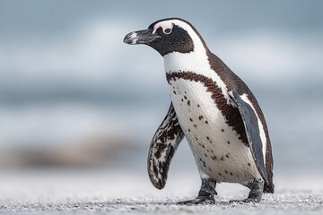 Fototapeta premium A penguin standing upright on a beach with its side profile