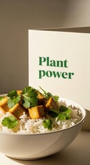 Healthy vegan tofu meal in a white bowl with cilantro