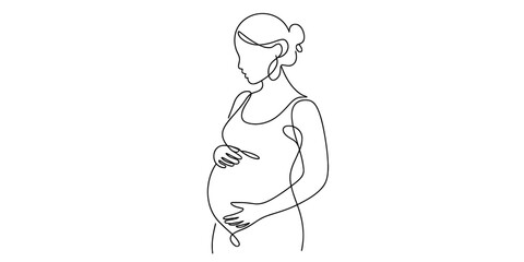 Continuous one line drawing pregnant woman holding belly