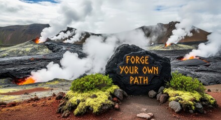 Inspiring rock with message in a volcanic landscape