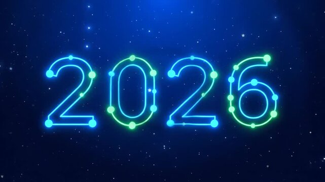 Digital year two zero two six glowing neon numbers on a dark starry night sky background for celebration and future concept