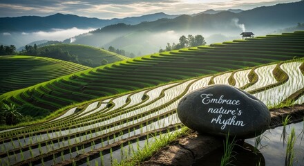 Stunning Rice Terraces in Lush Green Landscape with Gentle Sun