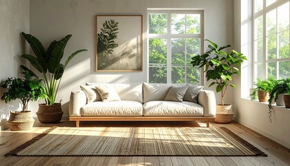 Clean Scandinavian living room interior with sofa, rug, and plants, sunlight entering