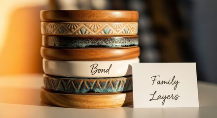 Stack of Decorative Bowls with Bond Inscription and Family Layer