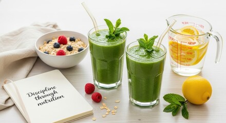 Two green smoothies with mint and ingredients on table