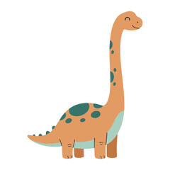 Cartoon illustration of a cute, smiling, long-necked dinosaur with teal spots.