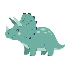 A cute green cartoon triceratops dinosaur smiling happily.