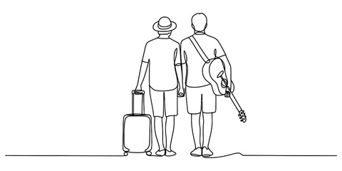 Continuous one line drawing couple with suitcase and guitar walking