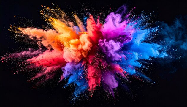 Dynamic burst of multicolor smoke cloud in dark space