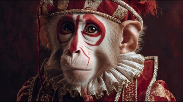 Regal Monkey Portrait in Red and Gold Baroque Costume with Theatrical Face Paint