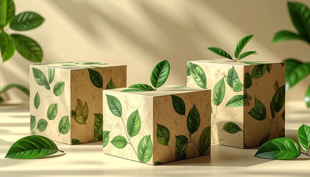 Recycled paper box packaging with green leaf design, eco concept