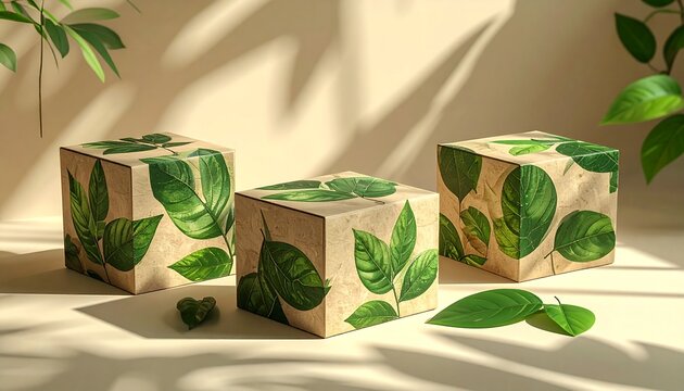 Eco-friendly packaging boxes made from recycled paper on beige background