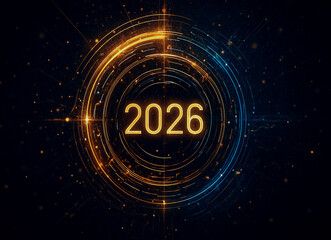 Futuristic Golden Tech Circle with “2026” Glowing Typography – Digital Abstract Background