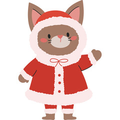 Cute cartoon cat wearing a red Santa suit with white trim and a Santa hat waving its paw in front of a transparent background representing winter holidays and Christmas celebrations