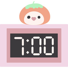 Cute Cartoon Chick Wearing A Tomato Hat Sits Above A Pink Digital Alarm Clock Displaying 7 00 In A Whimsical Style