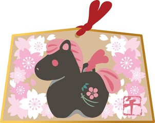年賀2026　午年　年賀状イラスト　桜に囲まれた可愛い馬の絵馬　土鈴　和風　かわいい　シンプル　素材