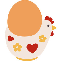 Cute Cartoon Chicken Shaped Egg Holder with Red Hearts and Yellow Flowers on a Transparent Background Celebrating Spring and Easter Holidays