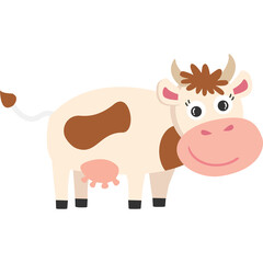Cute cartoon cow with brown spots and pink udder on a white background in a flat illustration style