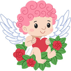 Cute Cartoon Cupid Angel Holding Red Heart Surrounded by Roses and Green Leaves on Transparent Background