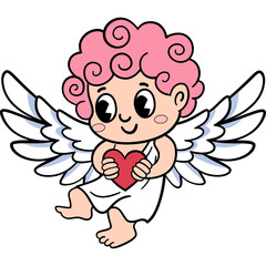 Cute cartoon cupid character with pink curly hair and white wings holding a red heart illustration on transparent background